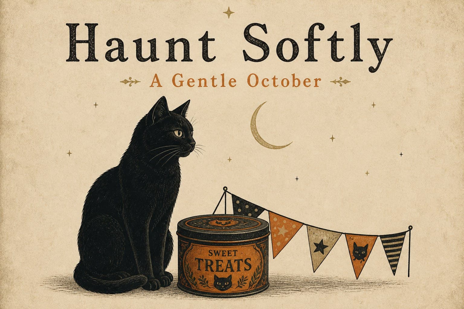 Haunt Softly poster art: black cat, sweet-treats tin, a gentle October