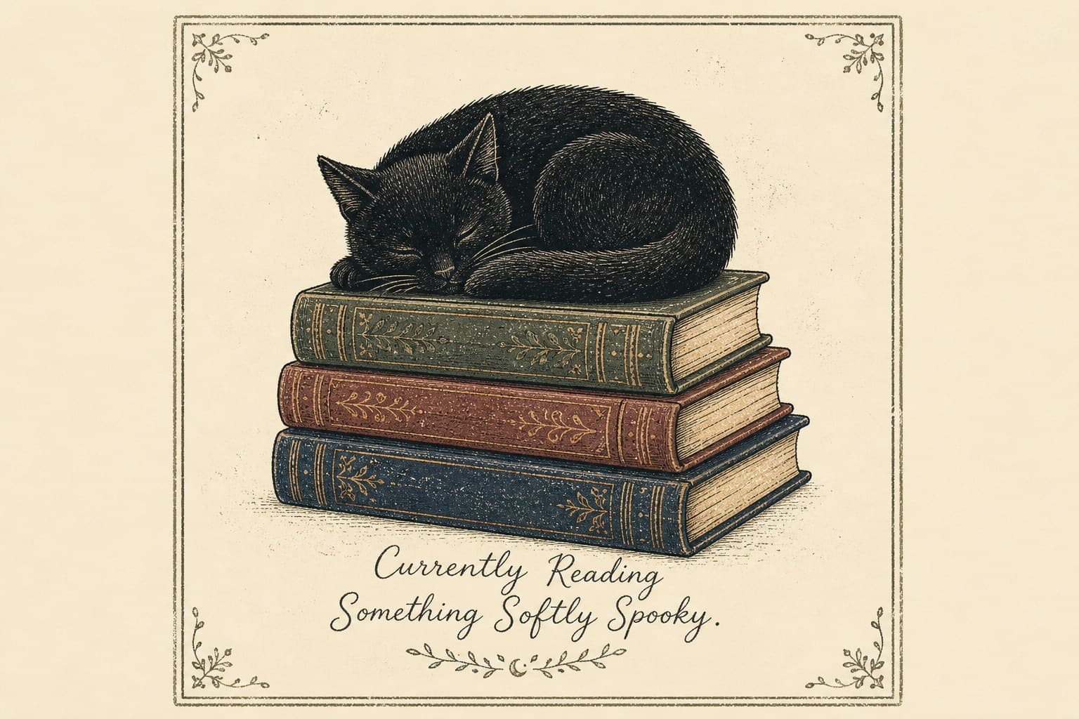 Library Soft Cat Crewneck. Library Soft Cat art: black cat asleep on a stack of old books
