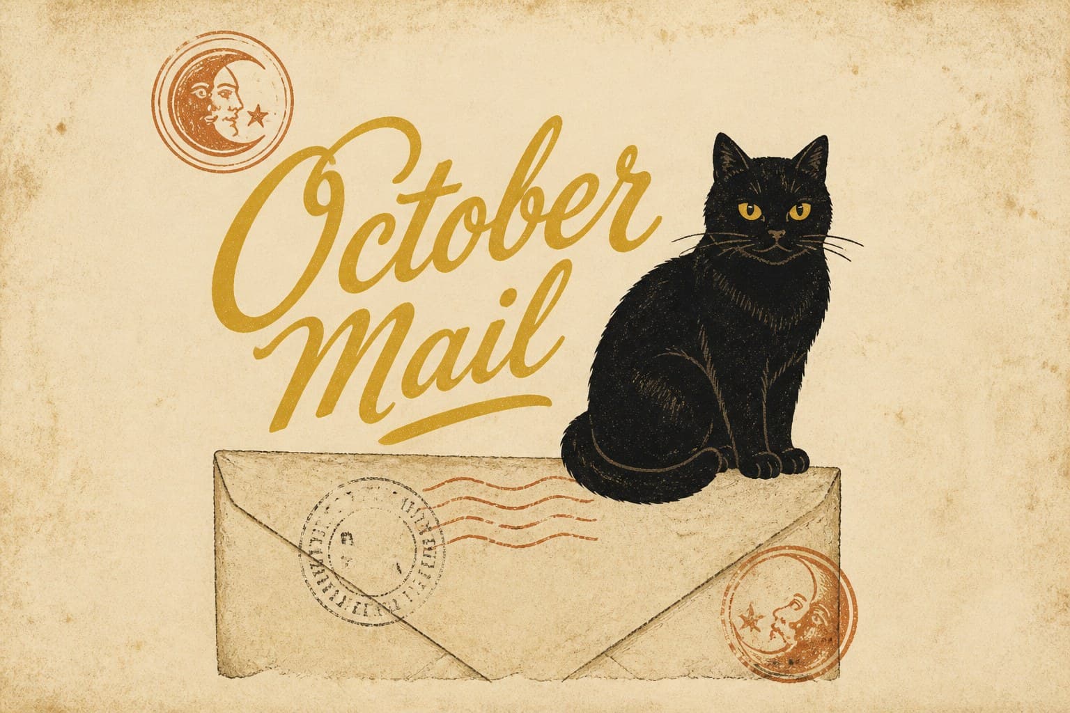 Midnight Whisker Tee. Midnight Whisker art: black cat on a vintage October Mail envelope