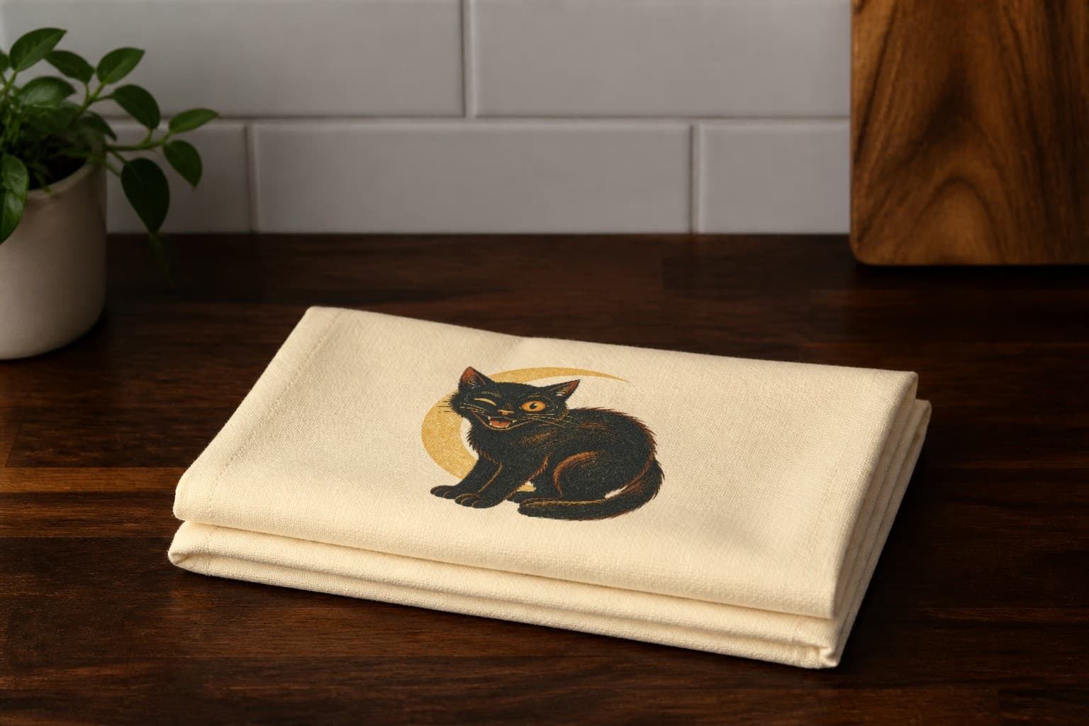 Night Watch tea towel, folded lifestyle in the kitchen