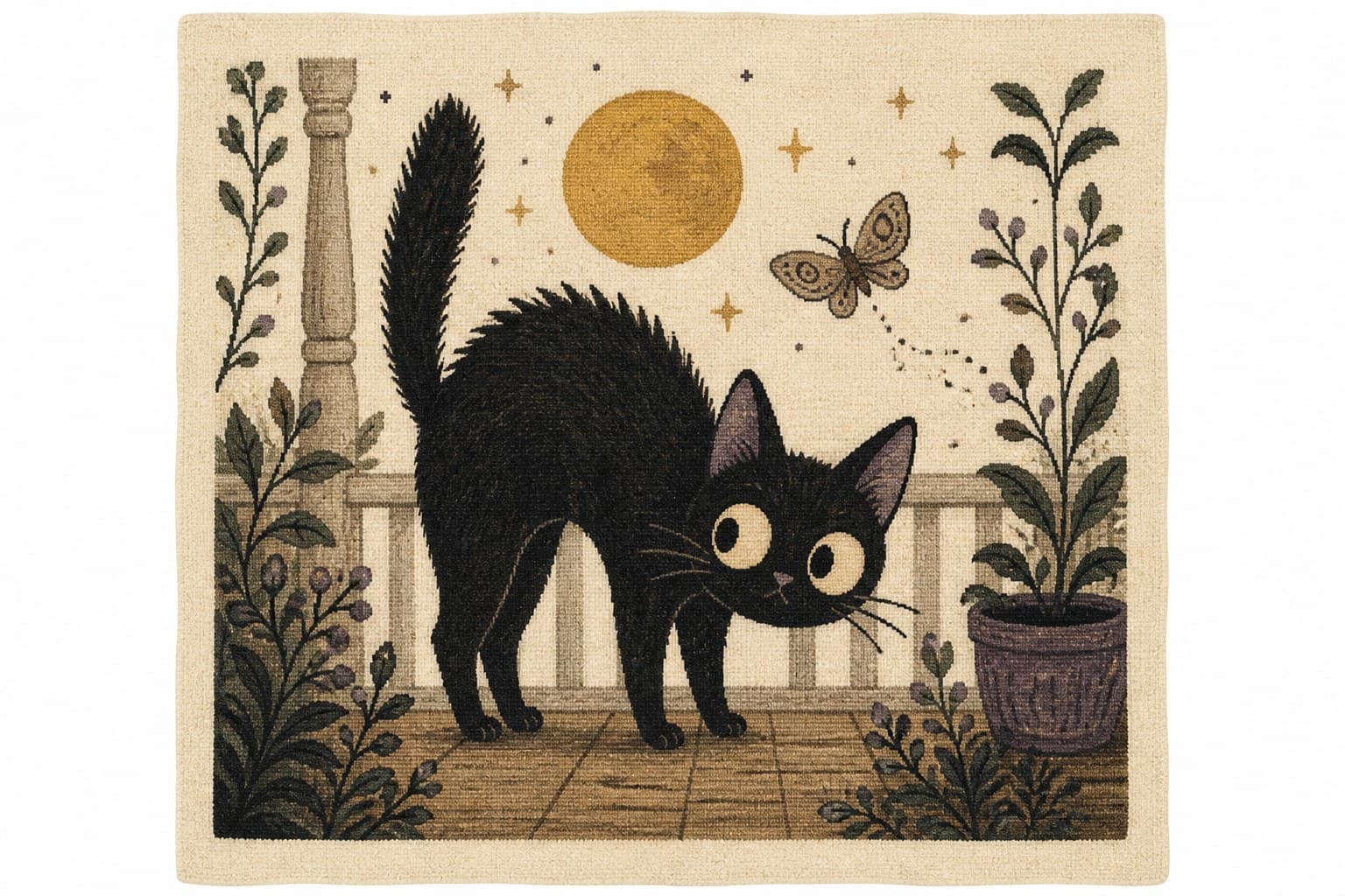 Porch Cat Pillow Cover. Porch Cat pillow art: arched black cat on the rail under a paper moon