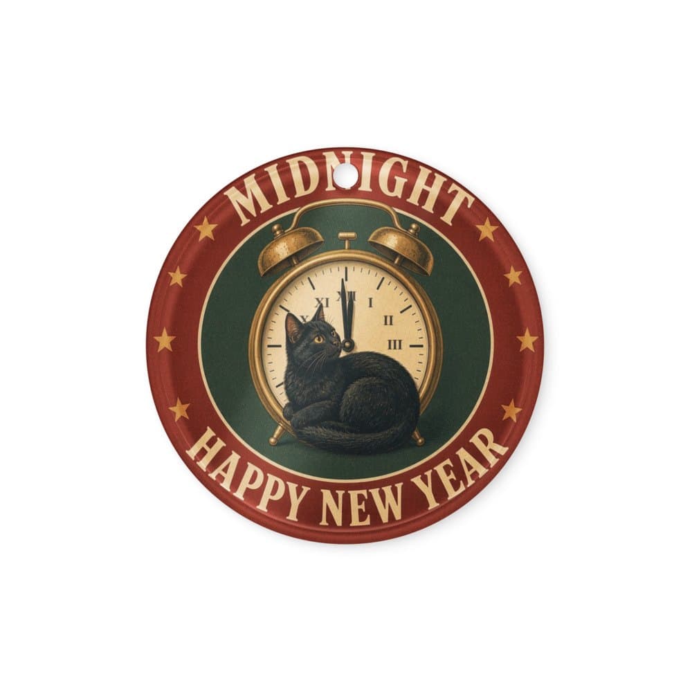 Midnight Alarm Clock Ornament. Midnight alarm clock acrylic ornament: black cat beneath a brass clock, Happy New Year