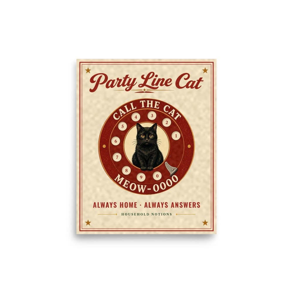 Party Line Cat Print. Party Line Cat 8×10 matte print: black cat in a red rotary phone dial