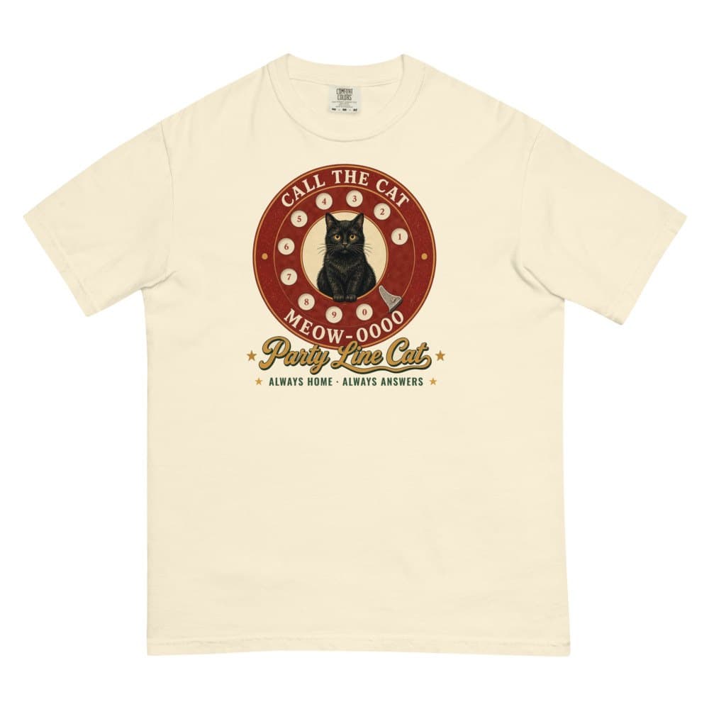 Party Line Cat tee in Ivory, flat: black cat in a rotary phone dial
