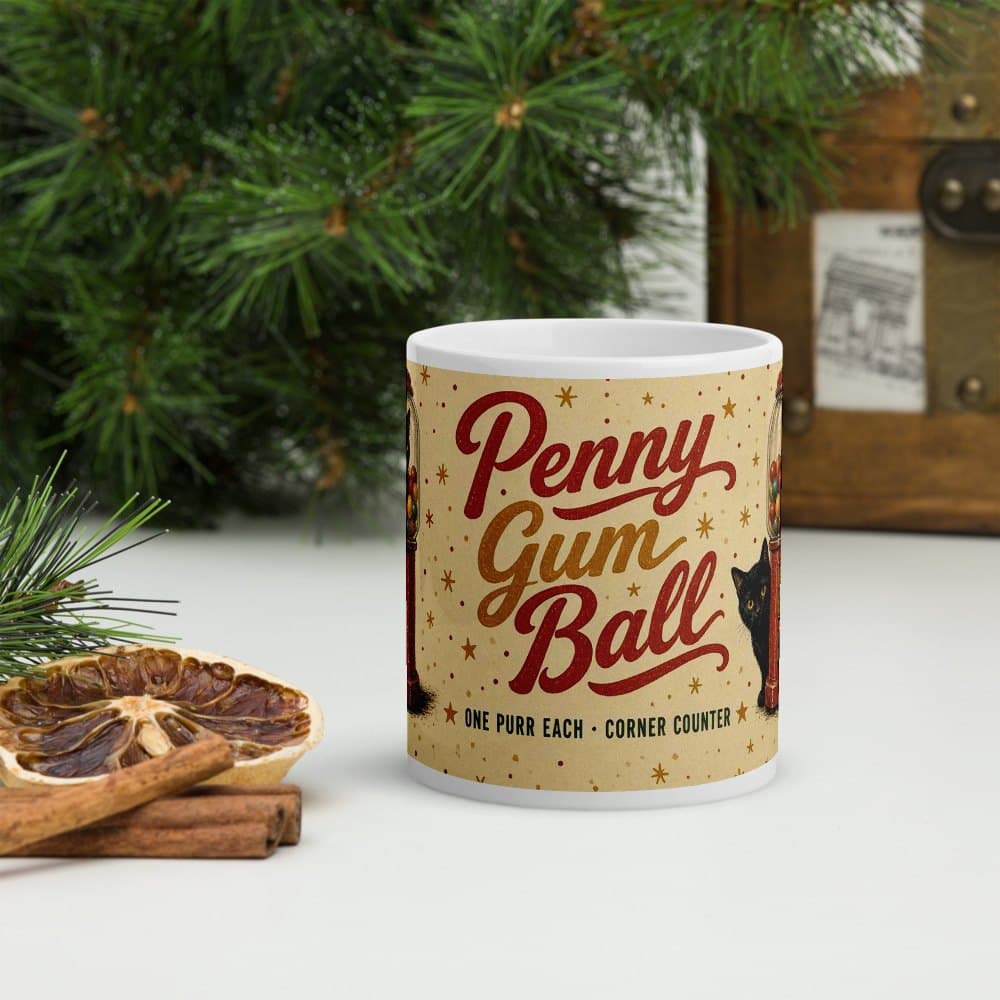 Penny Gum Ball Mug. Penny Gum Ball 11 oz mug, front: red and gold Penny Gum Ball lettering on a cream star field