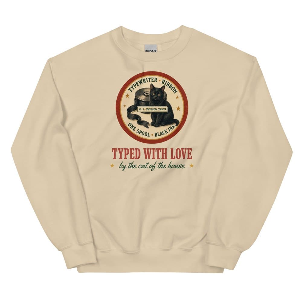 Typed With Love crewneck in Sand, flat: ribbon tin black cat print