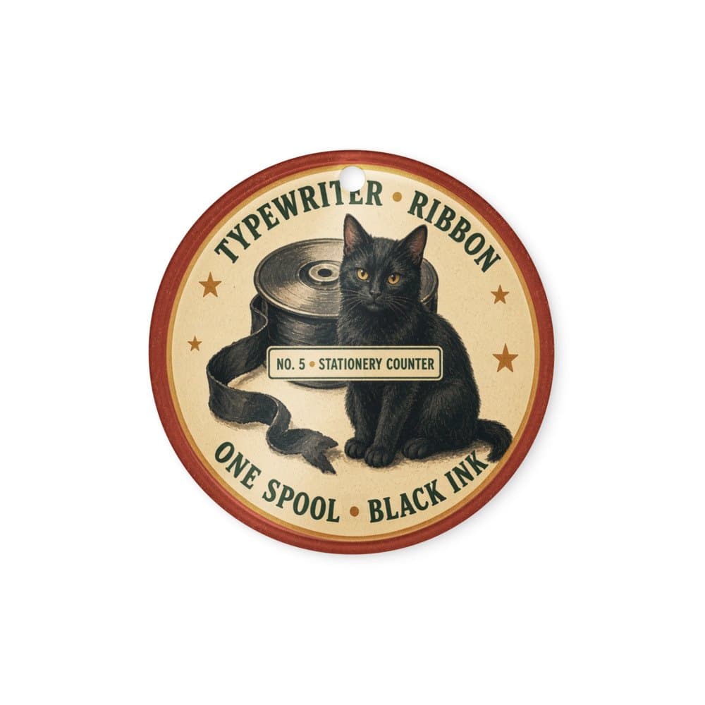 Typewriter Ribbon Ornament. Typewriter Ribbon acrylic ornament: black cat on a vintage ribbon tin lid