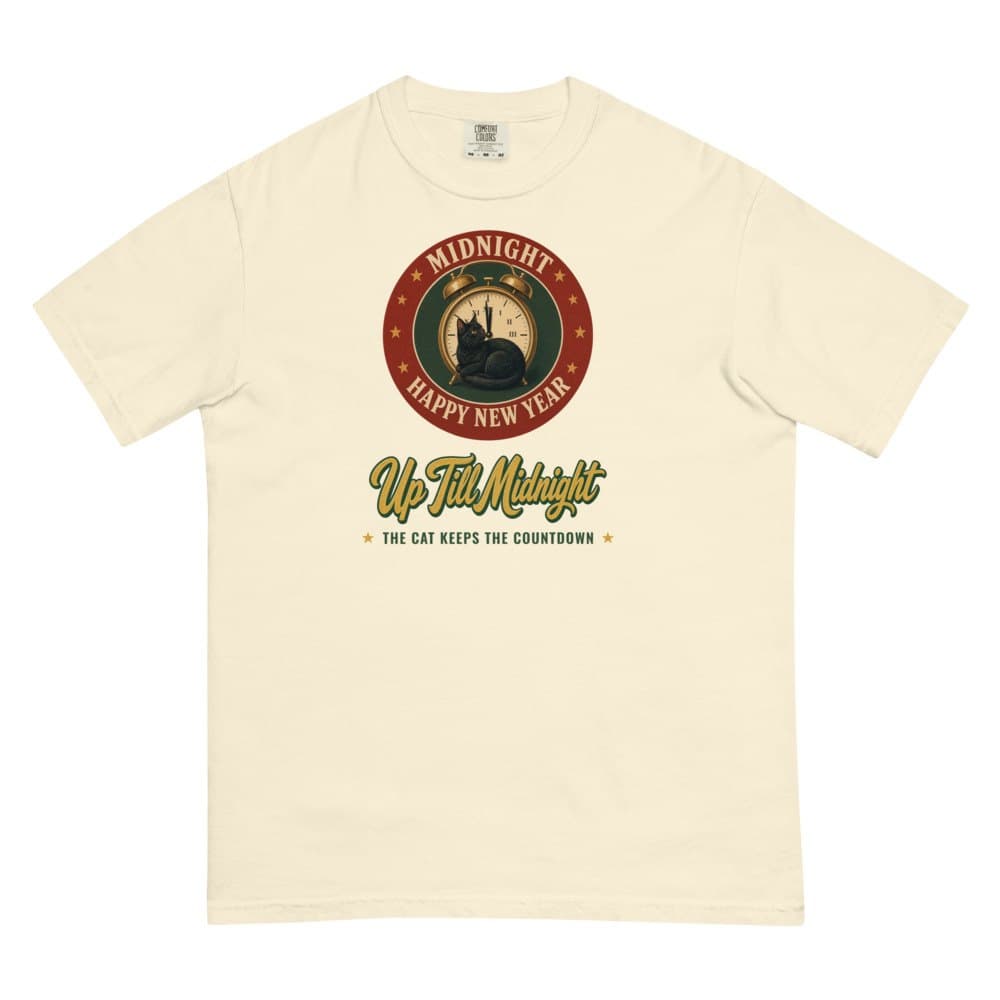 Up Till Midnight tee in Ivory, flat: alarm clock black cat print